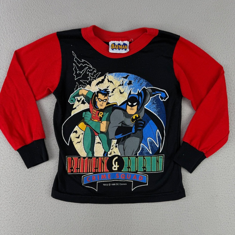 Batman & Robin Crime Squad Pajama Top Kids XS Black Red Vintage DC Comics 1996